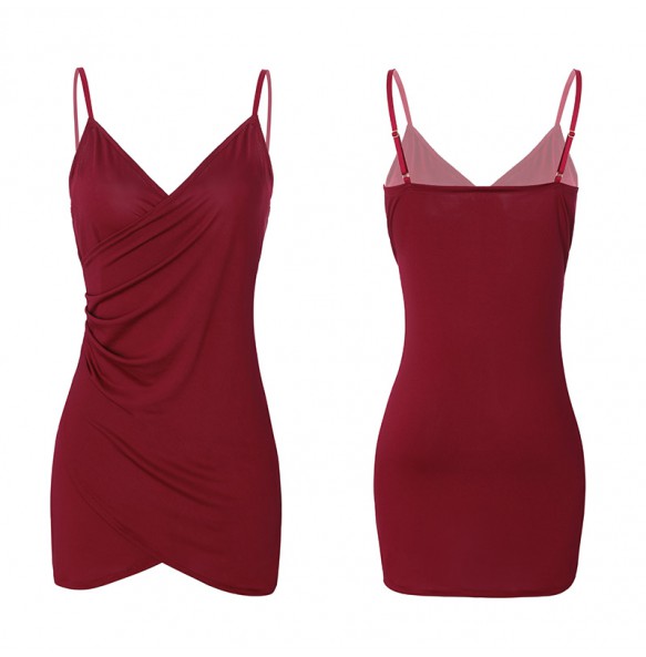 FEE ET MOI Sexy V-Neck Silk Suspender Dress (Burgundy)